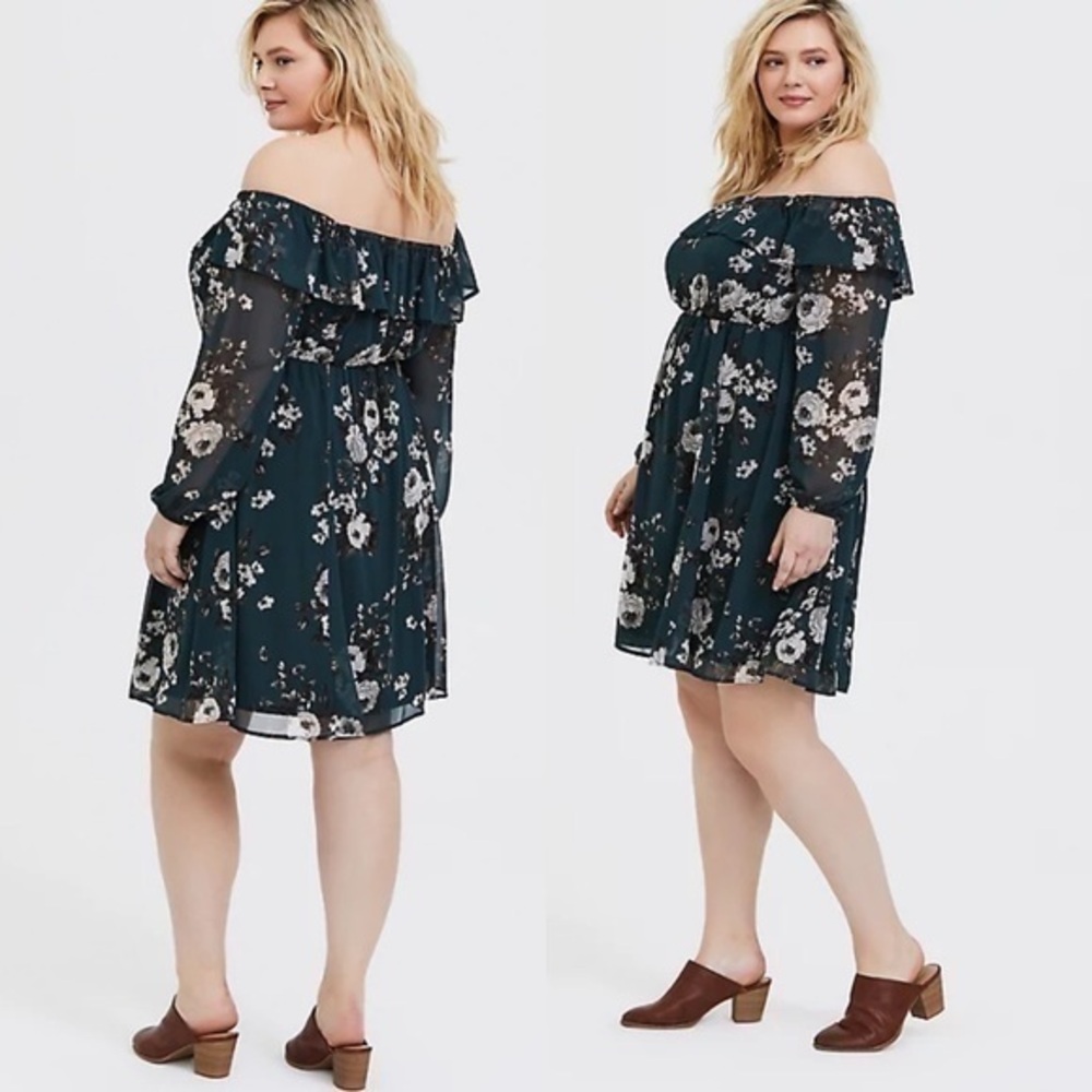 TORRID DARK GREEN FLORAL CHIFFON OFF SHOULDER SKATER DRESS